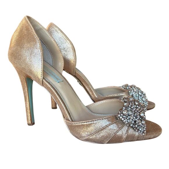 Blue by Betsey Johnson Rhinestone Bowtie Champagne Stiletto Heels size 9 - Picture 6 of 15